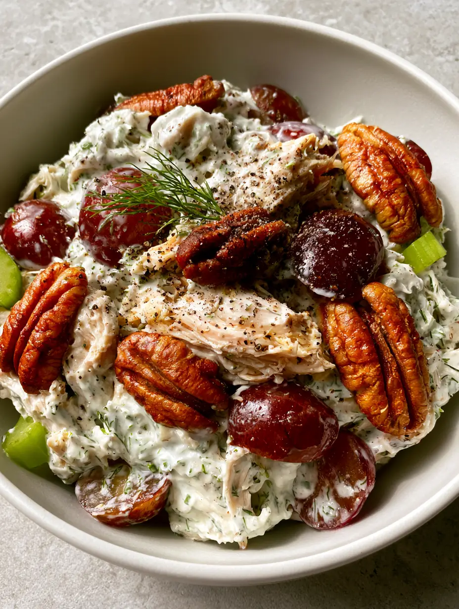 Close-up top-down view of Chicken salad featuring hand-shredded chicken and glossy red grapes.