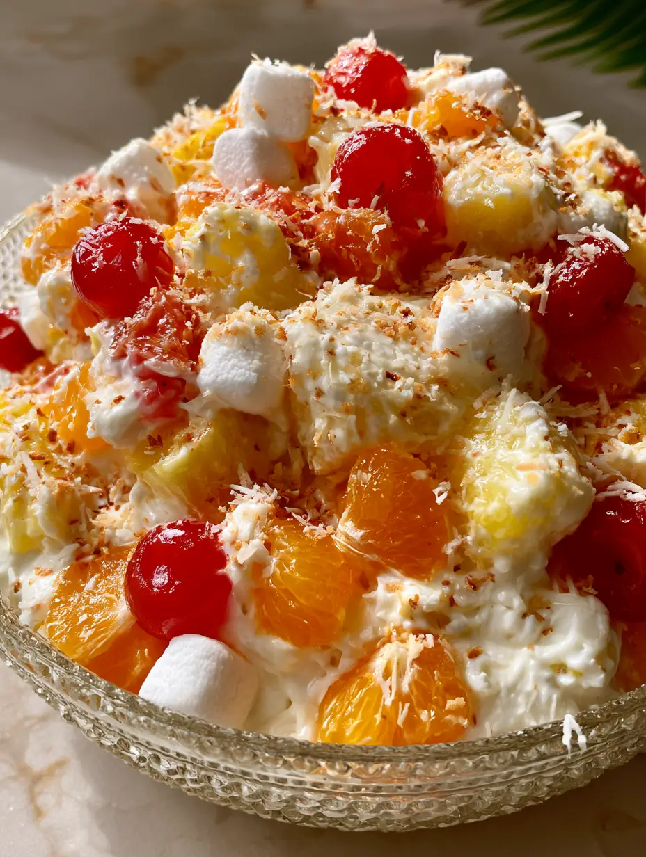 A handheld smartphone photo of a Hawaiian Fruit Salad in soft morning sunlight showing the thick vanilla cream and fluffy mini marshmallows.