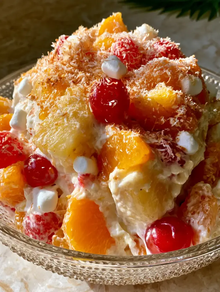 Close up of Hawaiian Fruit Salad featuring bright orange mandarin segments and a generous dusting of toasted shredded coconut on a marble countertop.