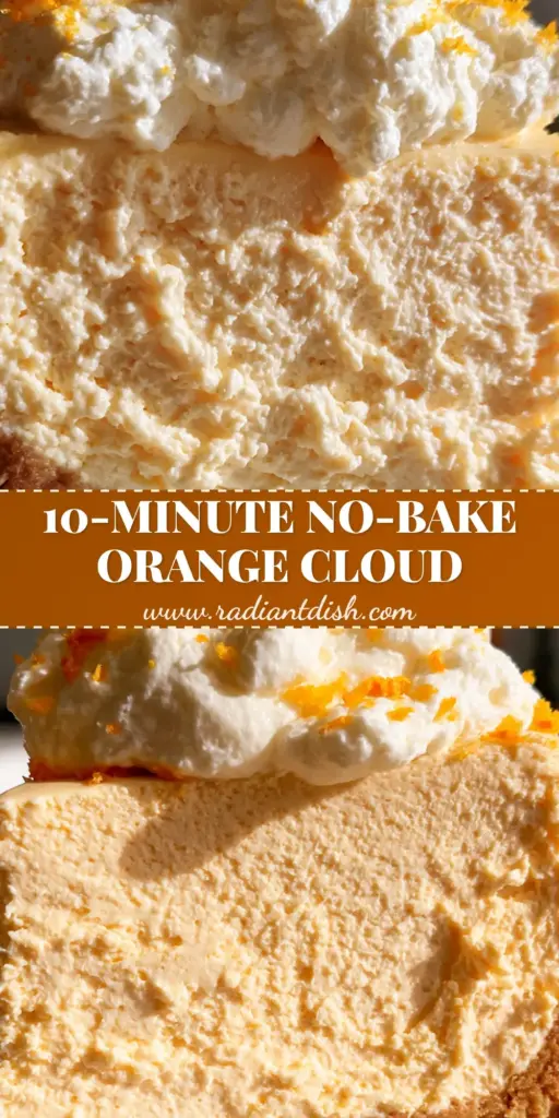 A towering slice of no-bake orange creamsicle cheesecake with a thick graham cracker crust and whipped cream topping.