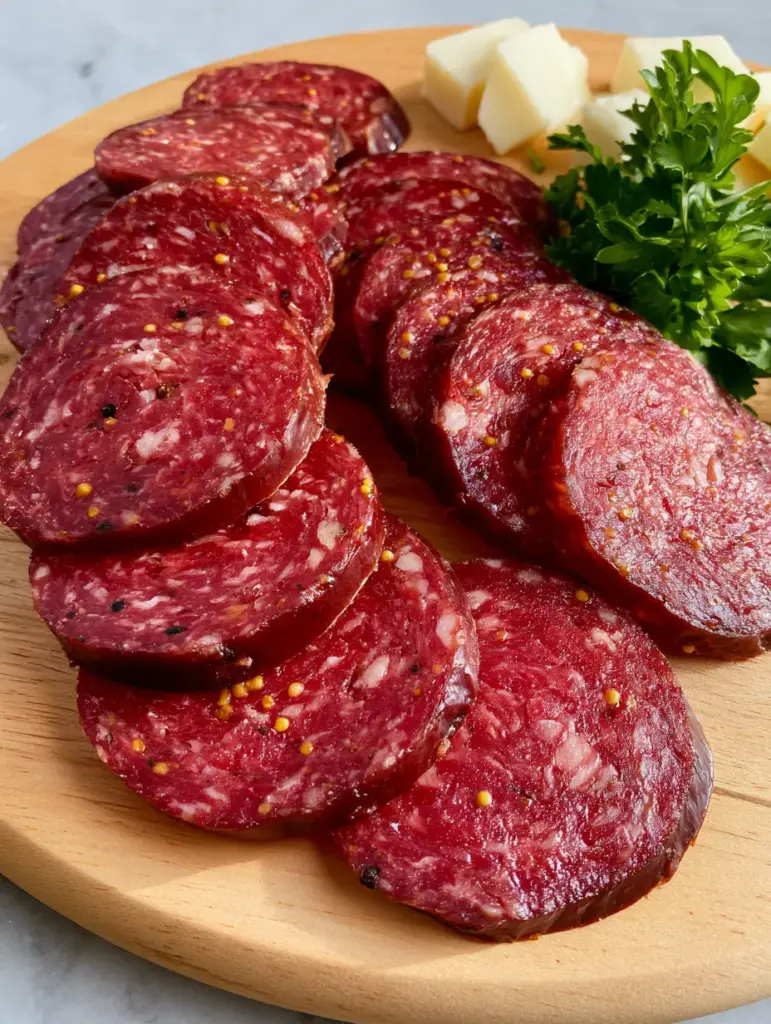 Beef Summer Sausage: The Ultimate Homemade Deli-Style Recipe 1 Professional photo of sliced beef summer sausage with dark mahogany casing and white fat marbling on a wooden board.