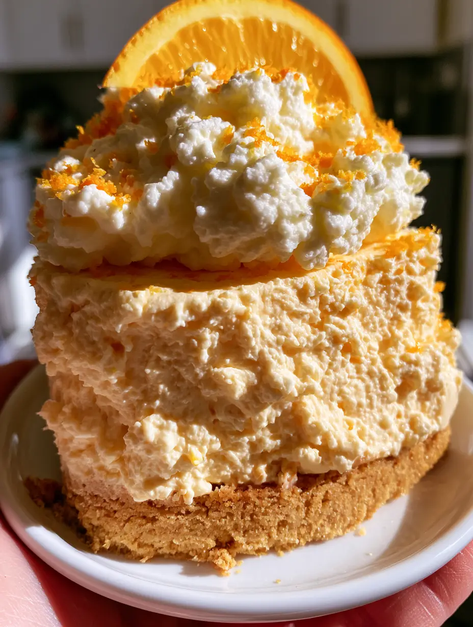 Handheld photo of a thick slice of no-bake orange creamsicle cheesecake showing the pale-orange velvety filling.