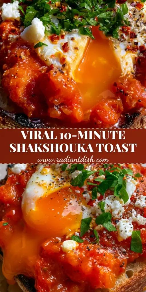 Shakshouka Toast with Jammy Poached Eggs and Crumbled Feta 3 A close-up of Shakshouka toast with a runny poached egg, chunky red pepper sauce, and crumbled feta on charred sourdough.