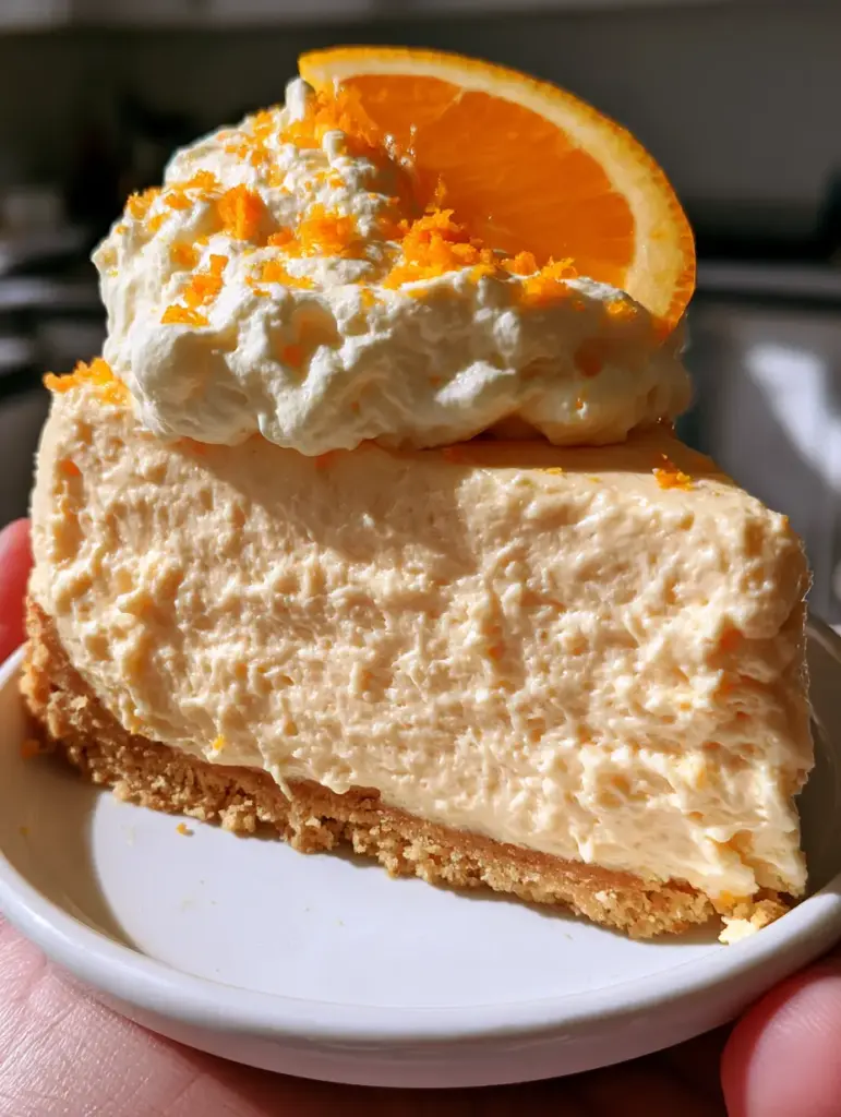 Close up of orange creamsicle cheesecake topped with cloud-like whipped cream and fresh orange zest sprinkles.