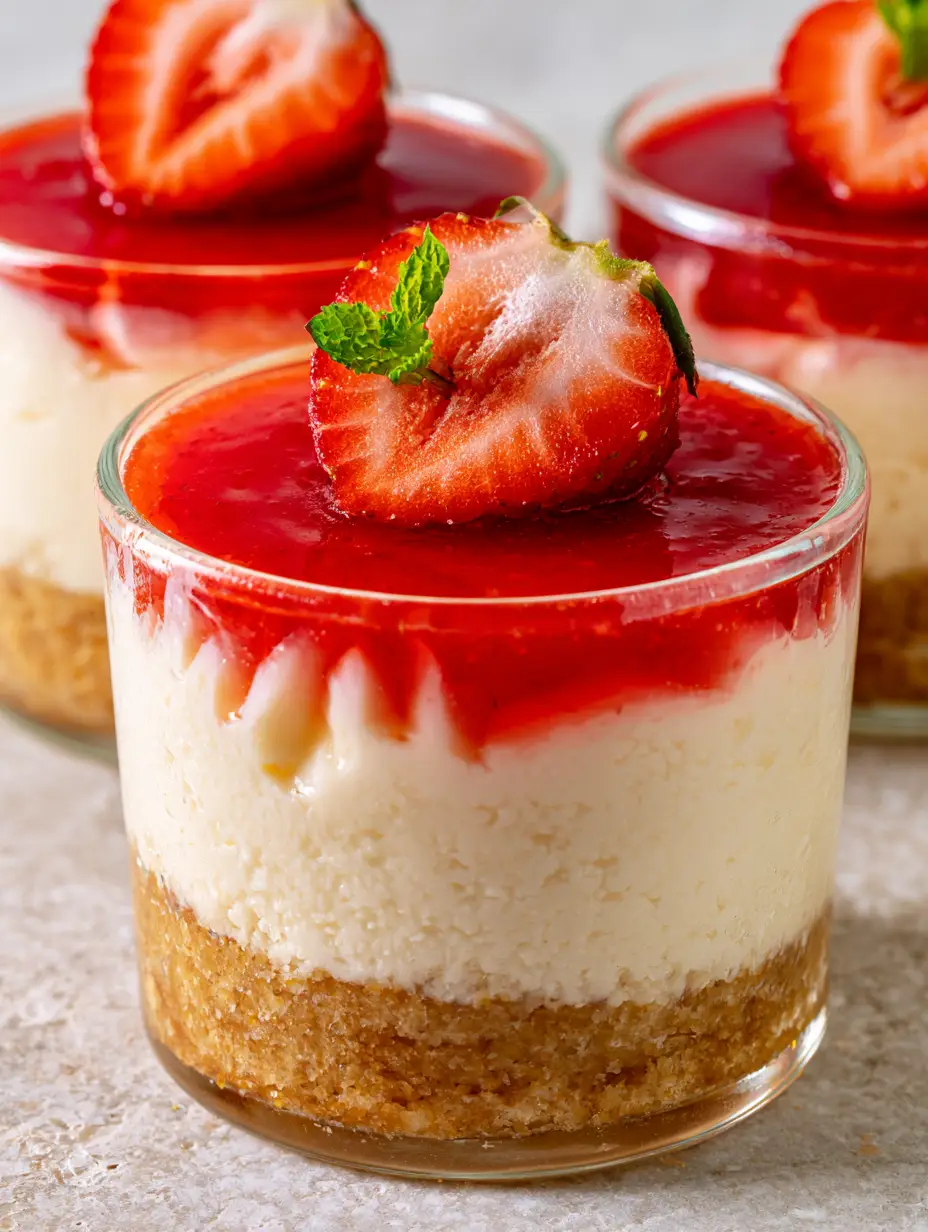 No Bake Desserts: Elegant Strawberry Vanilla Bean Cream Cheese Parfaits 3 Extreme macro close-up of ivory cream cheese filling with vanilla bean specks and ruby-red glaze. (No bake desserts)