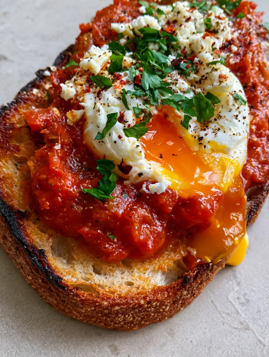 Shakshouka Toast with Jammy Poached Eggs and Crumbled Feta 4 Extreme close-up of the runny orange yolk flowing over the deep-red tomato sauce on Shakshouka toast.