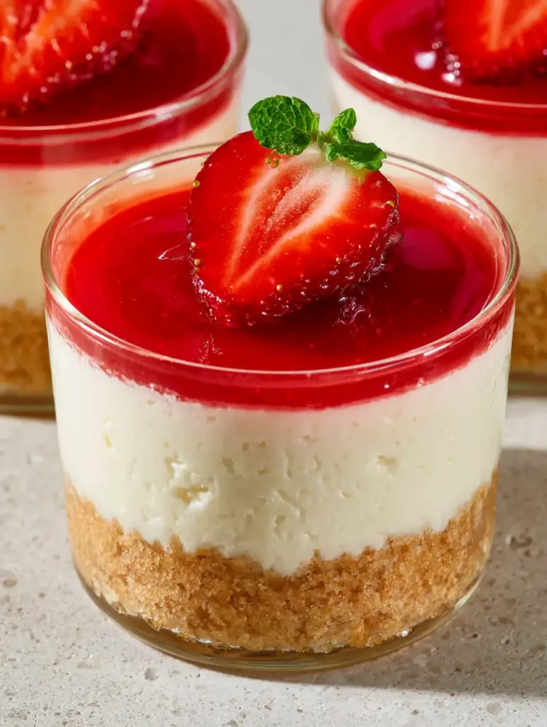 No Bake Desserts: Elegant Strawberry Vanilla Bean Cream Cheese Parfaits 1 Side view of glass dessert cups showing the thick golden-brown graham cracker crust and smooth cream layers.