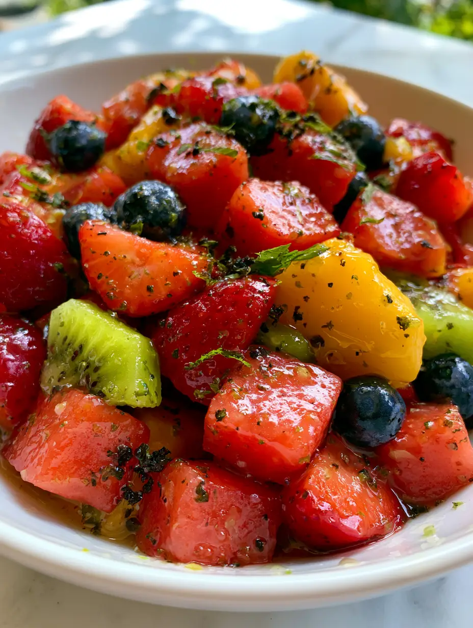 Close-up of rainbow fruit including watermelon, kiwi, and mango with a thick honey lime fruit salad glaze.