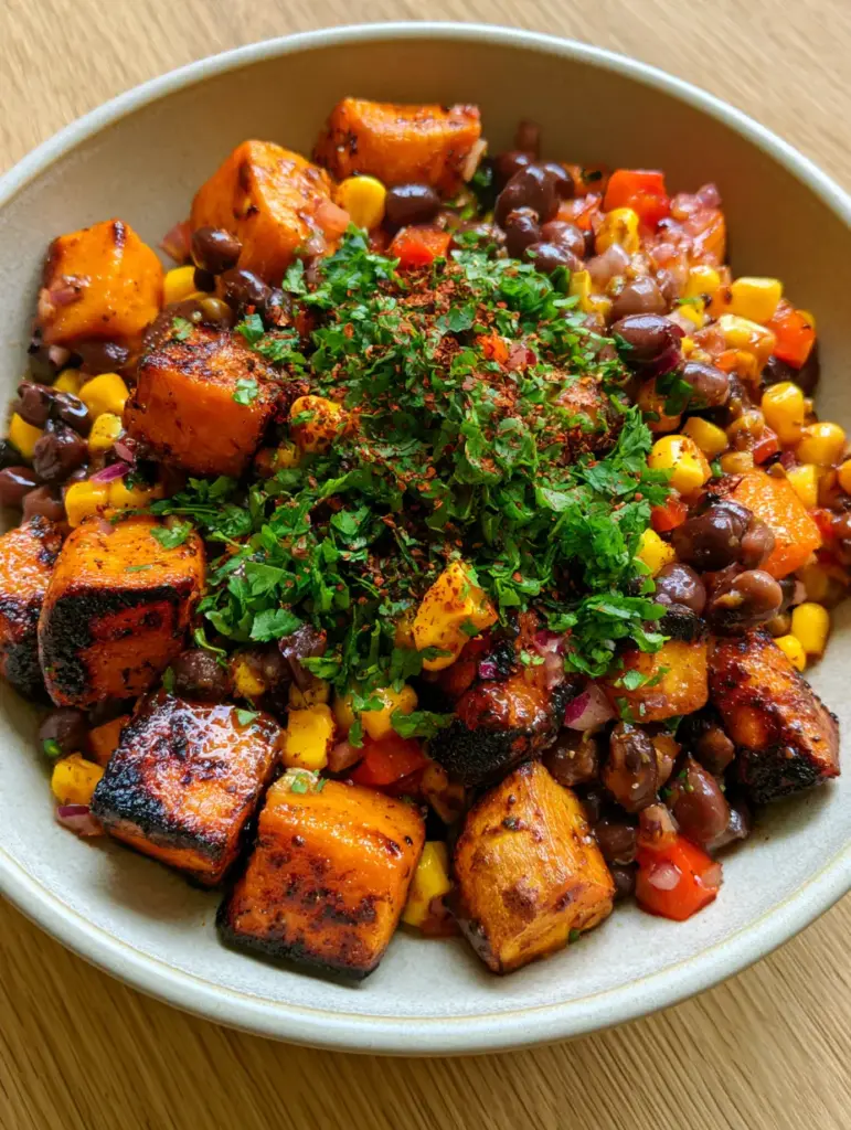 Roasted Sweet Potato Black Bean Salad with Shimmering Honey Lime Vinaigrette 2 Close-up of caramelized roasted sweet potato cubes and glossy black beans in a Roasted Sweet Potato Black Bean Salad.