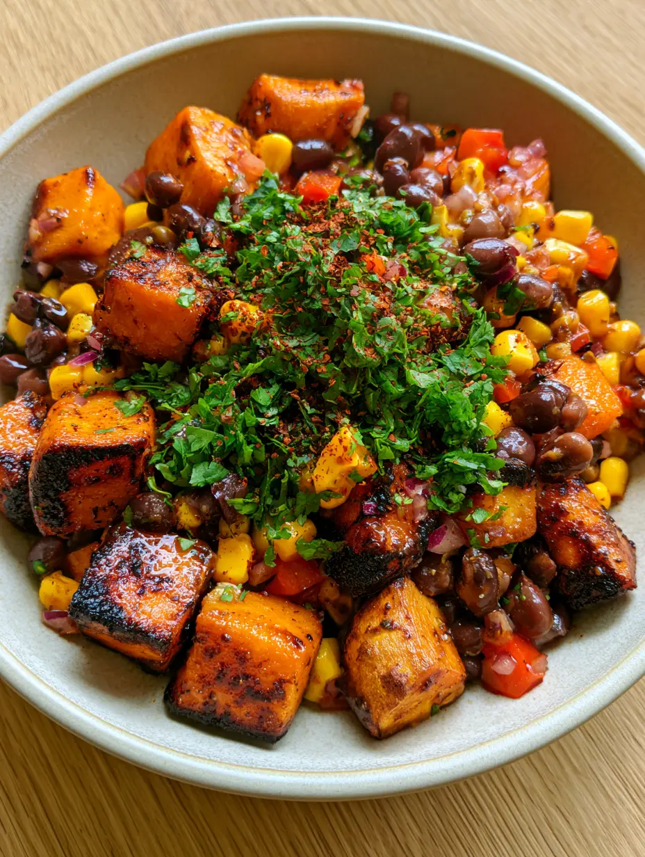 Roasted Sweet Potato Black Bean Salad with Shimmering Honey Lime Vinaigrette 3 Close-up of caramelized roasted sweet potato cubes and glossy black beans in a Roasted Sweet Potato Black Bean Salad.
