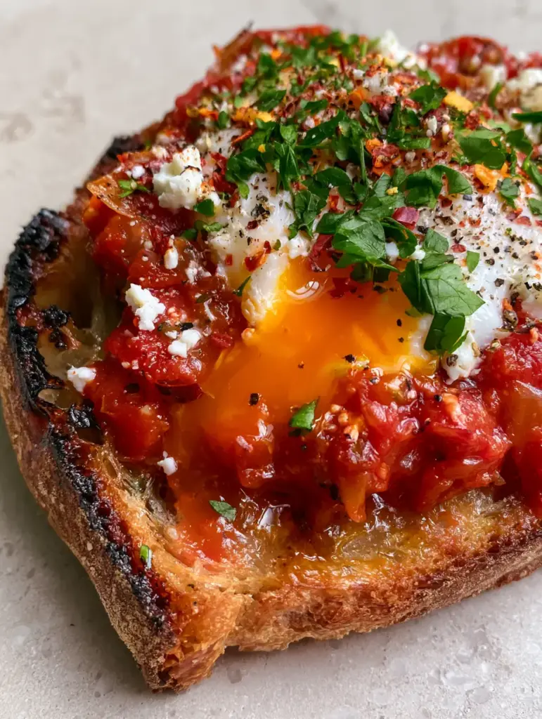 Shakshouka Toast with Jammy Poached Eggs and Crumbled Feta 1 A top-down view of charred sourdough Shakshouka toast garnished with fresh green parsley and white feta.