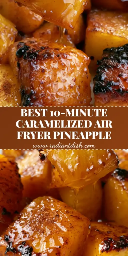 A top-down view of air fryer pineapple chunks with dark charred edges and a glistening brown sugar glaze. (air fryer pineapple chunks)