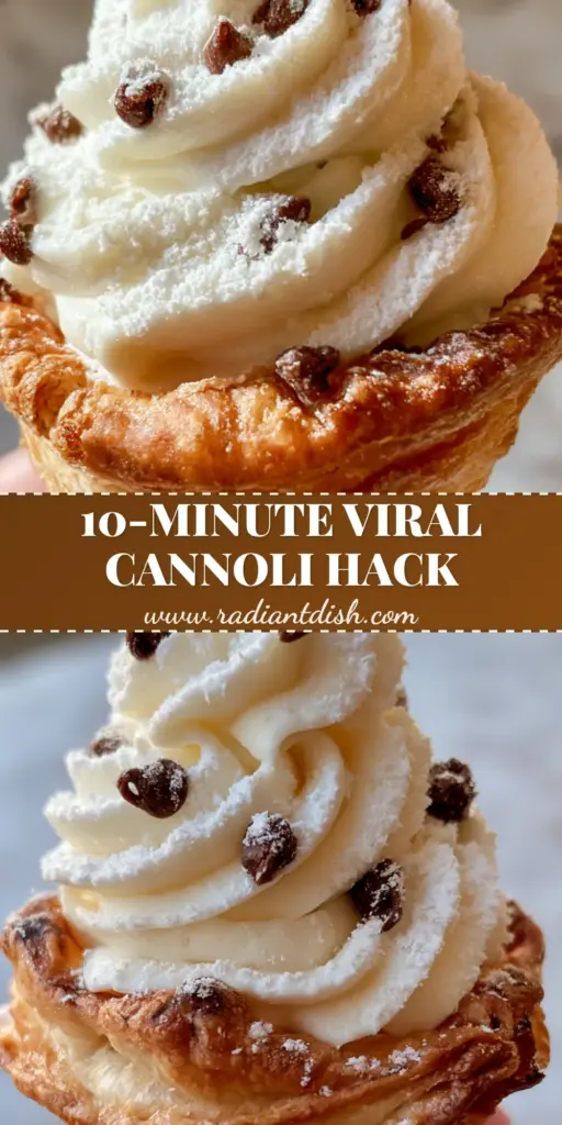 A tall decorative swirl of ricotta cream in a golden-brown pastry shell dusted with powdered sugar. (Mini cannoli cups)