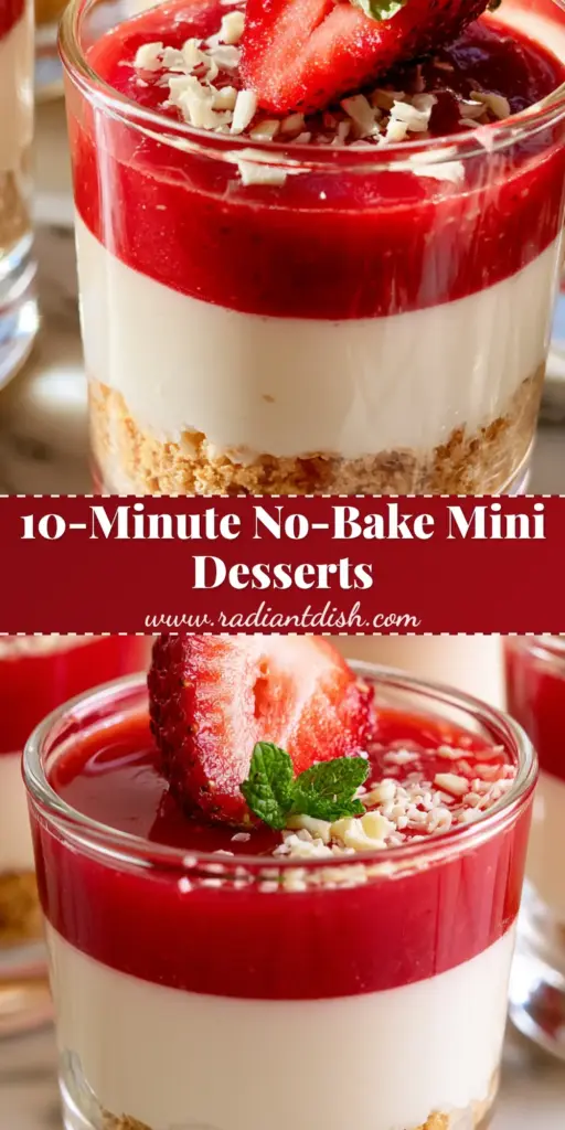 A tall Pinterest-ready graphic showing elegant strawberry cheesecake dessert cups with layers of crumbs, mousse, and glossy coulis.