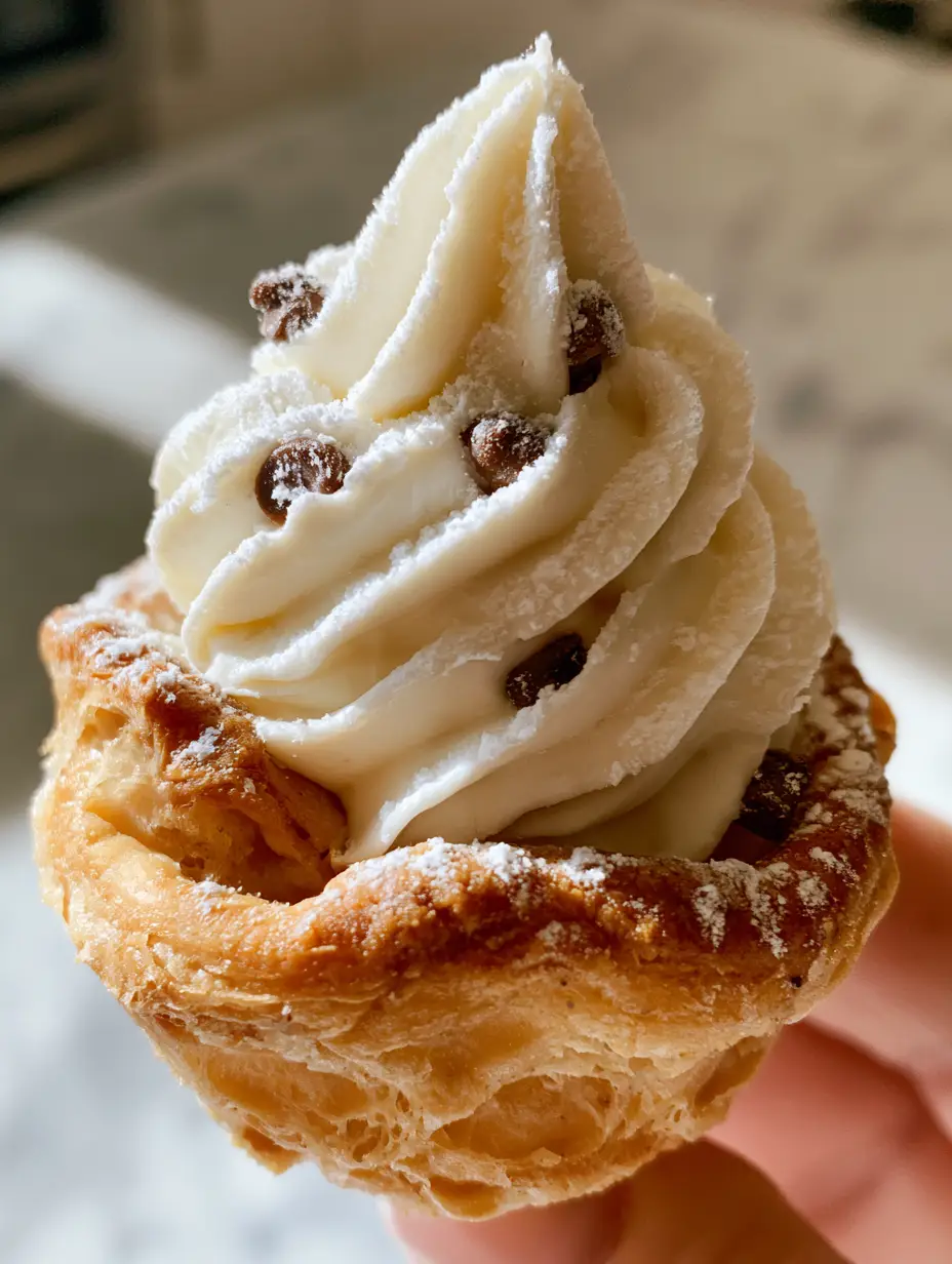 Close-up handheld photo of an elegant mini cannoli cup with mini chocolate chips. (Mini cannoli cups)