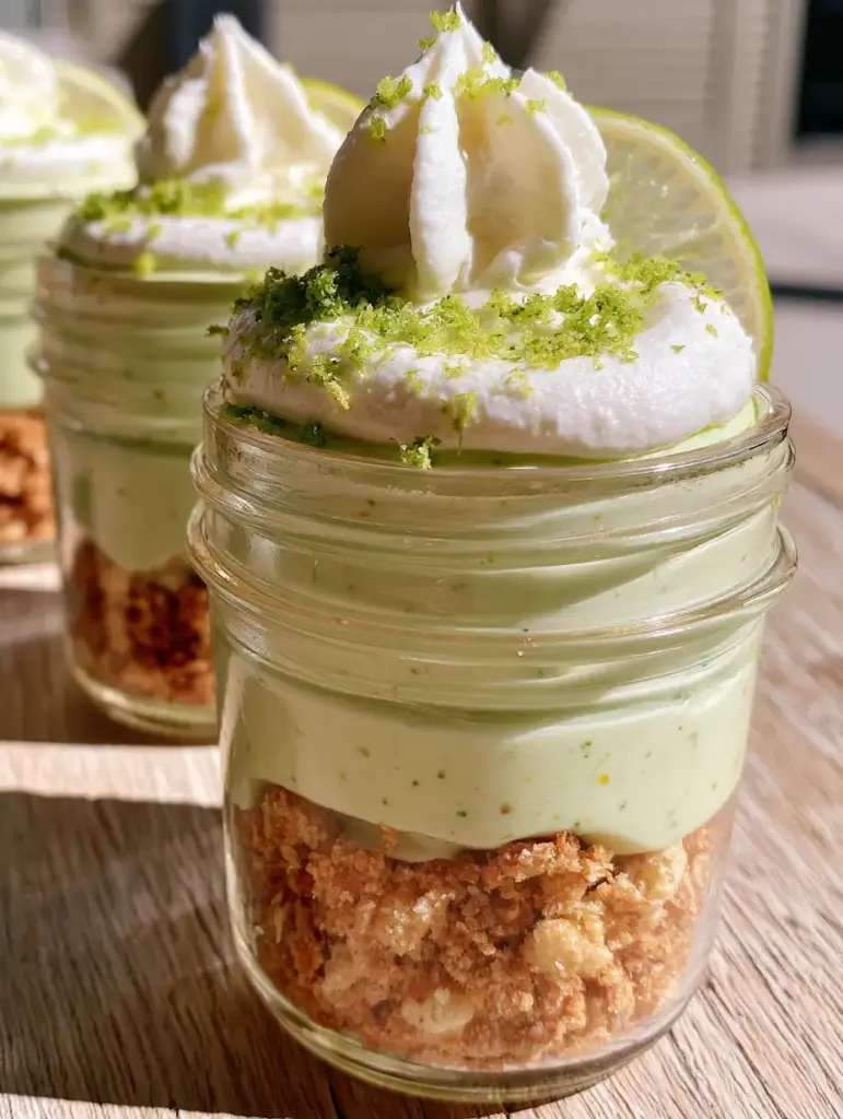 key lime cheesecake cups: The Ultimate No-Bake Mason Jar Dessert 2 Close up photo of three mini mason jar desserts showing layers of toasted crumble and lime mousse. (key lime cheesecake cups)