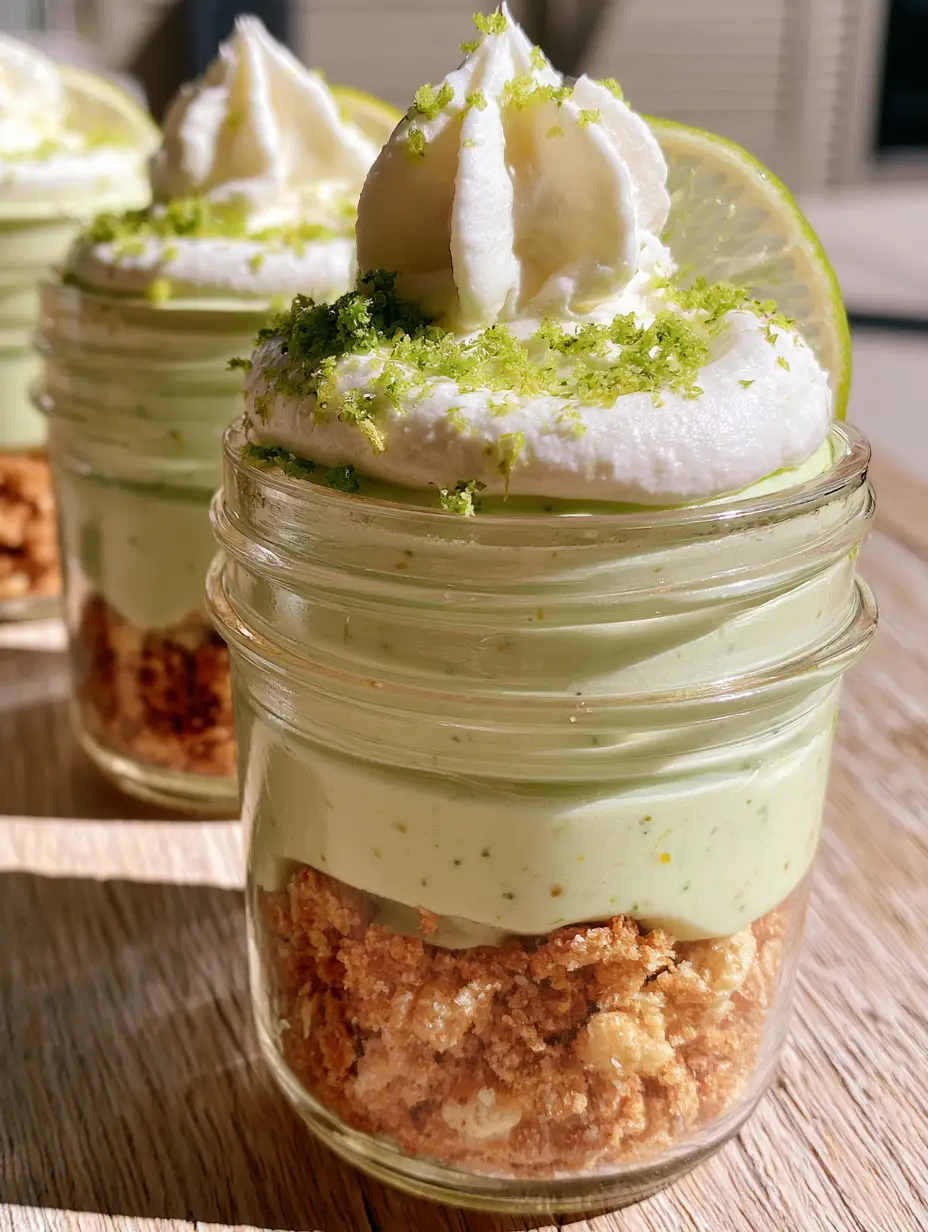 key lime cheesecake cups: The Ultimate No-Bake Mason Jar Dessert 3 Close up photo of three mini mason jar desserts showing layers of toasted crumble and lime mousse. (key lime cheesecake cups)