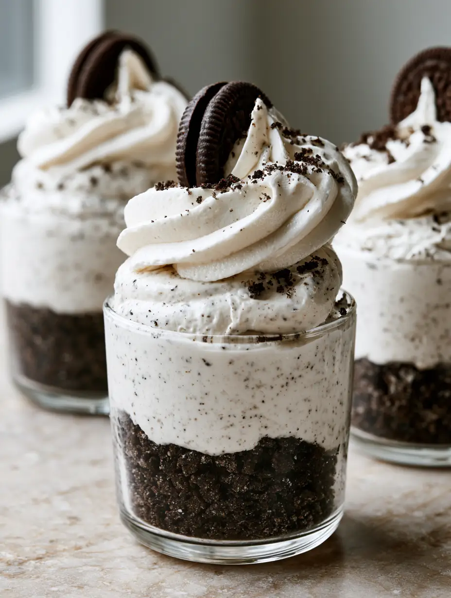 Oreo No-Bake Cheesecake Cups: The Easiest Gourmet Dessert 4 A handheld photo of three small glass dessert cups filled with Oreo No-Bake Cheesecake Cups on a marble counter.