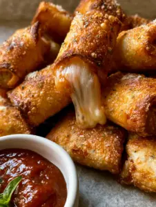 Macro shot of golden-brown air fryer pizza rolls showing air bubbles, oregano specks, and a matte bowl of marinara. (air fryer pizza rolls)