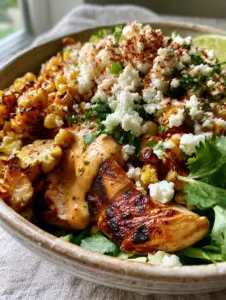 45-degree angle close up of Street corn chicken salad featuring dark golden seared chicken and blistered corn kernels.
