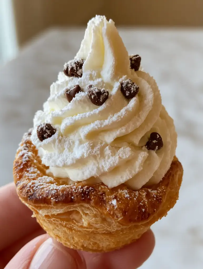 Decorative star-tipped piping of ricotta cream inside a flaky mini pastry cup.