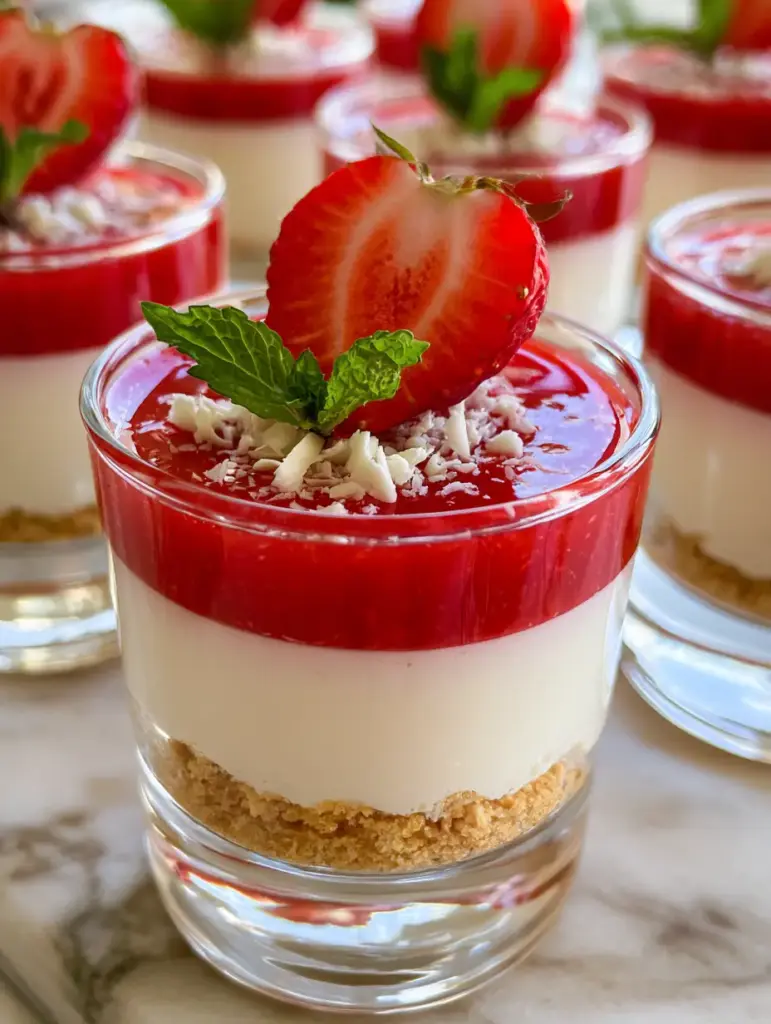 Close up of a single dessert cup with white cheesecake mousse, strawberry coulis, and white chocolate shavings.
