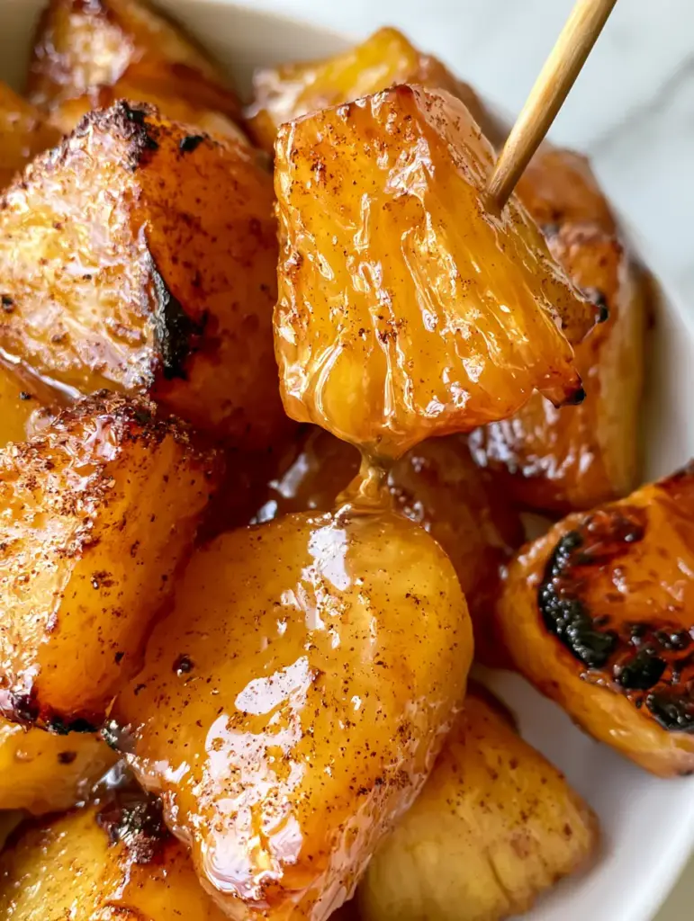 Close-up of caramelized pineapple chunks in the air fryer basket showing deep amber burnt spots.