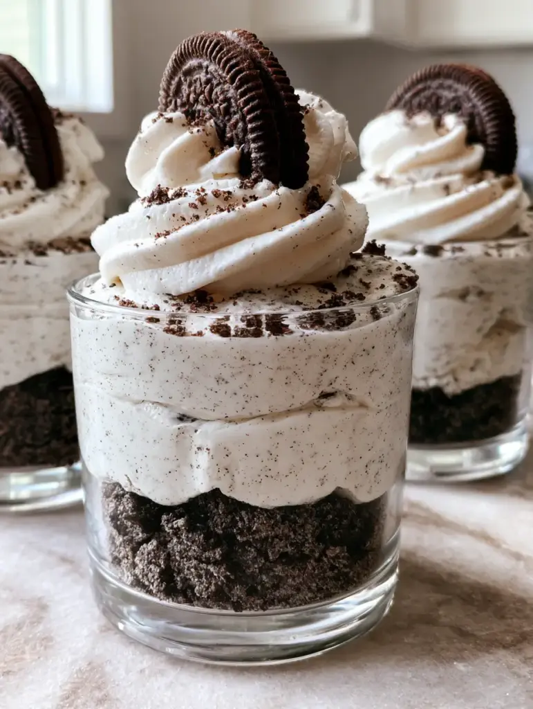 Oreo No-Bake Cheesecake Cups: The Easiest Gourmet Dessert 1 Close-up texture of Oreo No-Bake Cheesecake Cups showing the stiff whipped cream swirl and mini Oreo garnish.