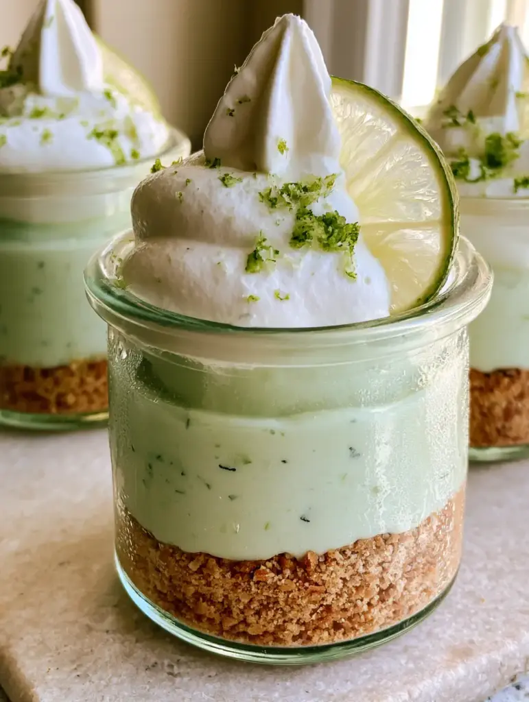 Key lime cheesecake parfaits with Buttery Graham Cracker Crust 1 Individual Key lime cheesecake parfaits topped with translucent lime wheels and vibrant green zest garnish.