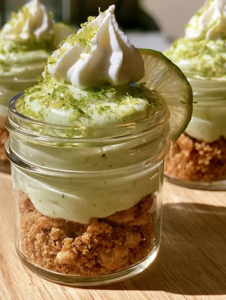 key lime cheesecake cups: The Ultimate No-Bake Mason Jar Dessert 1 Eye-level shot of key lime cheesecake cups featuring a stiff whipped cream peak and a translucent lime wheel garnish.