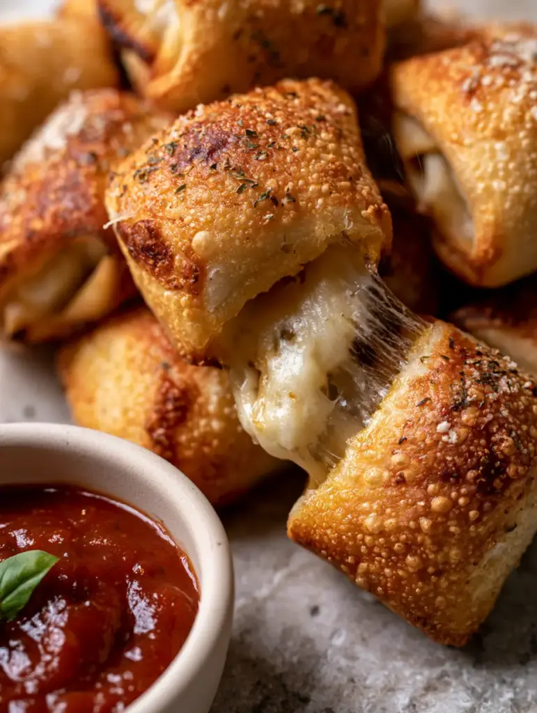 Air Fryer Pizza Rolls: The Ultimate Crispy Homemade Guide 1 Close-up of a pizza roll being dipped into thick glossy red marinara sauce with a basil garnish.