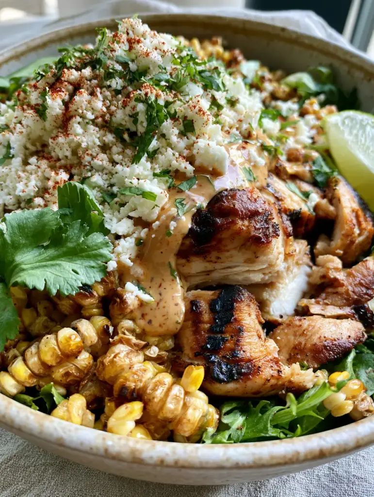 Macro shot of Street corn chicken salad topped with a heavy snow of cotija cheese and fresh cilantro.