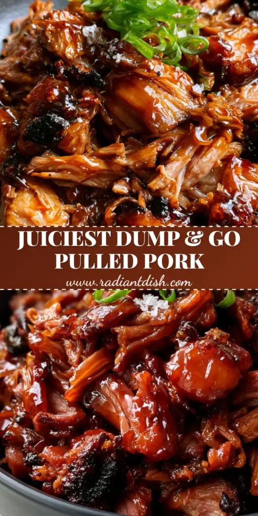 A vertical Pinterest-optimized image showing Slow Cooker Pulled Pork with charred edges in a matte black bowl garnished with scallions.