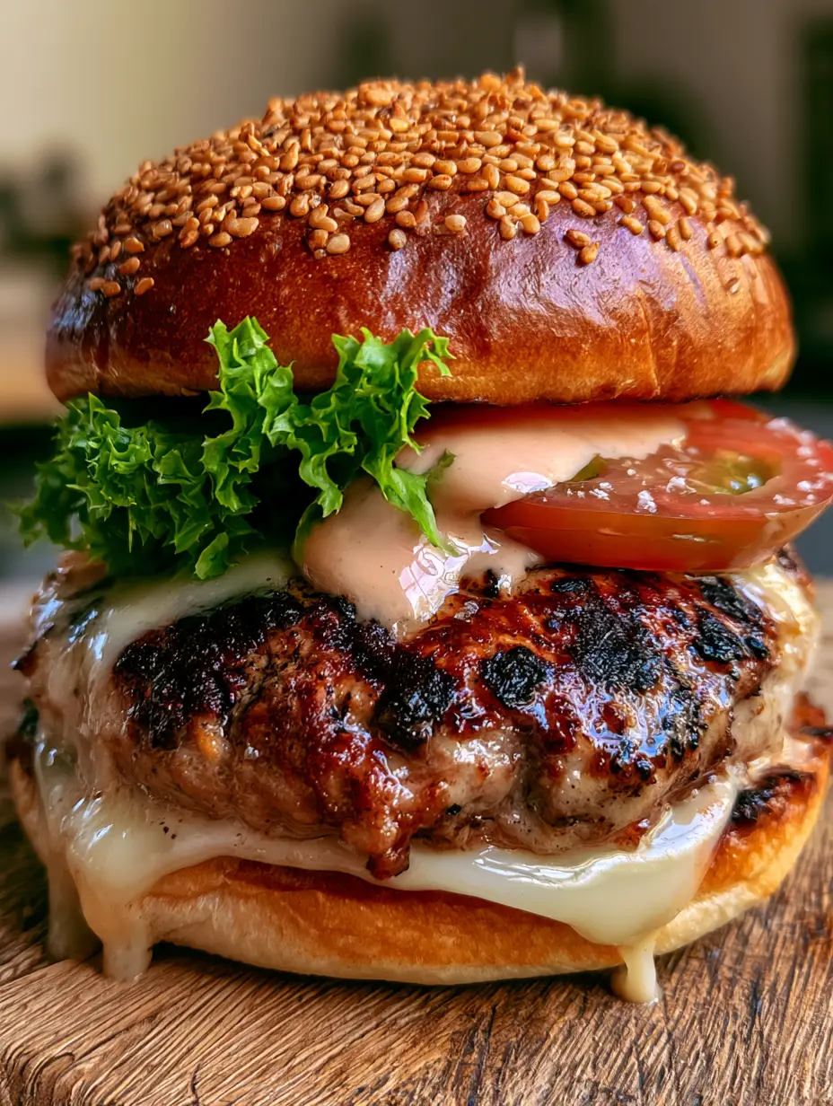 Close-up of a hand-pressed Ground Turkey Burger with deep charred marks and cascading melted cheese.