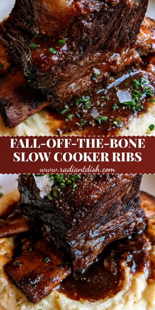 slow cooker beef short ribs with Red Wine Reduction and Velvety Mashed Potatoes 3 A close-up shot of slow cooker beef short ribs with a glossy red wine reduction, served over creamy mashed potatoes and garnished with chives. (slow cooker beef short ribs)