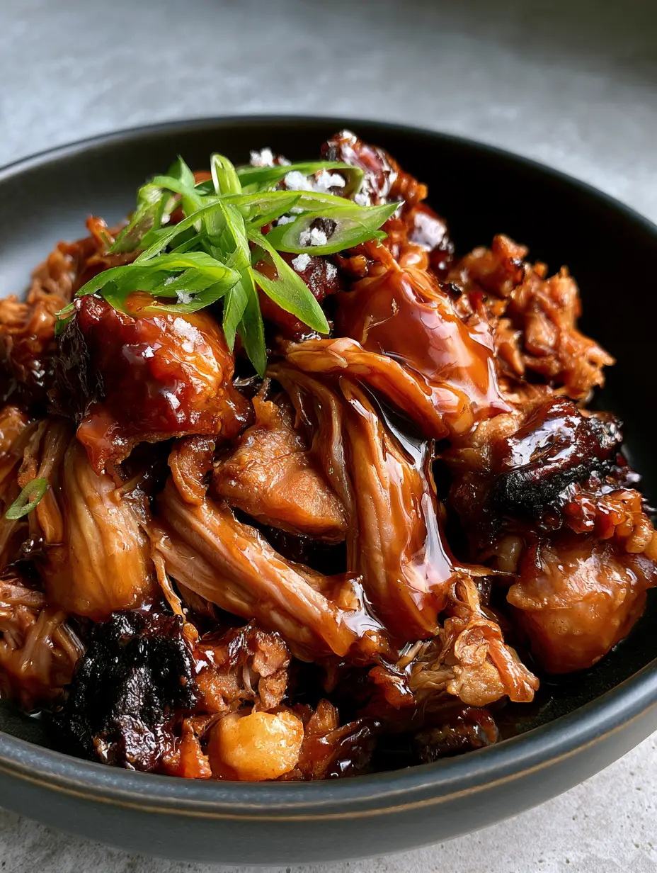 Close-up of shredded Slow Cooker Pulled Pork shoulder showing tender fibers and glossy dark amber BBQ glaze.