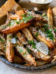 Extreme close-up of blistered golden-brown Garlic Parmesan Fries with visible sea salt crystals and cracked pepper.