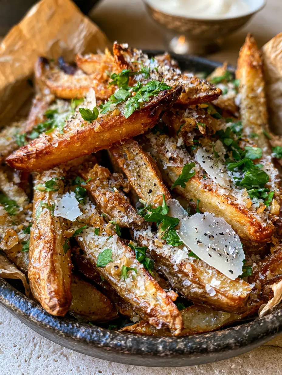 Garlic Parmesan Fries: The Ultimate Ultra-Crispy Air-Fried Recipe 4 Extreme close-up of blistered golden-brown Garlic Parmesan Fries with visible sea salt crystals and cracked pepper.