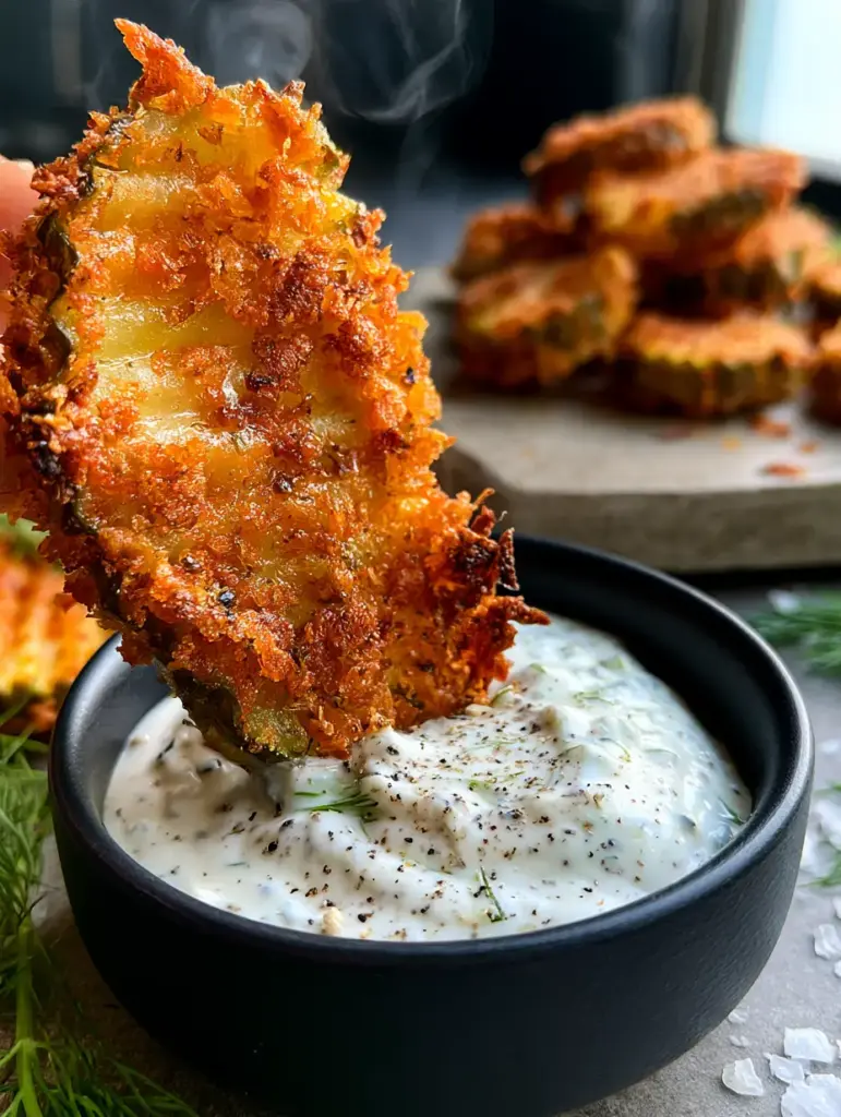Detailed close-up of golden-brown air fryer dill pickle chips sitting on a black plate with sea salt flakes and fresh dill.