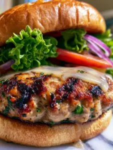 A handheld smartphone photo showing a thick ground turkey patty with charred marks and melted white cheddar. (Ground turkey burgers)