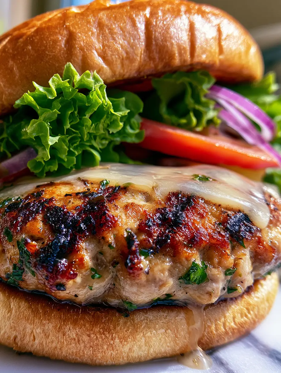 A handheld smartphone photo showing a thick ground turkey patty with charred marks and melted white cheddar. (Ground turkey burgers)