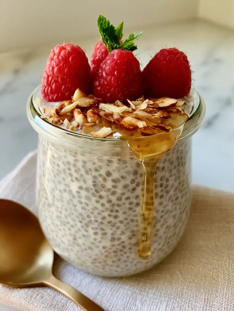 A side view of chia pudding showing the maple syrup drip and toasted almond toppings.
