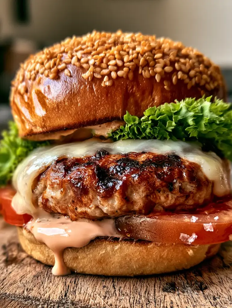 A thick Ground Turkey Burger showing layers of heirloom tomato, frilly lettuce, and creamy pink sauce.