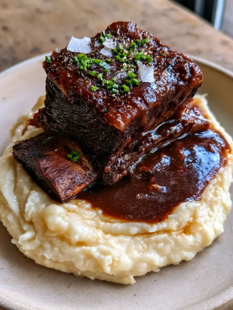 slow cooker beef short ribs with Red Wine Reduction and Velvety Mashed Potatoes 2 A smartphone photo showing a single bone-in beef short rib with a mahogany crust and thick sauce on a rustic wooden table. (slow cooker beef short ribs)