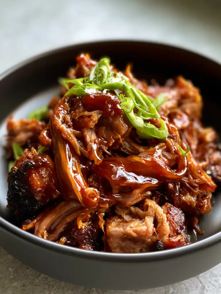 Slow Cooker Pulled Pork served in a modern matte black ceramic bowl with green scallions and sea salt.