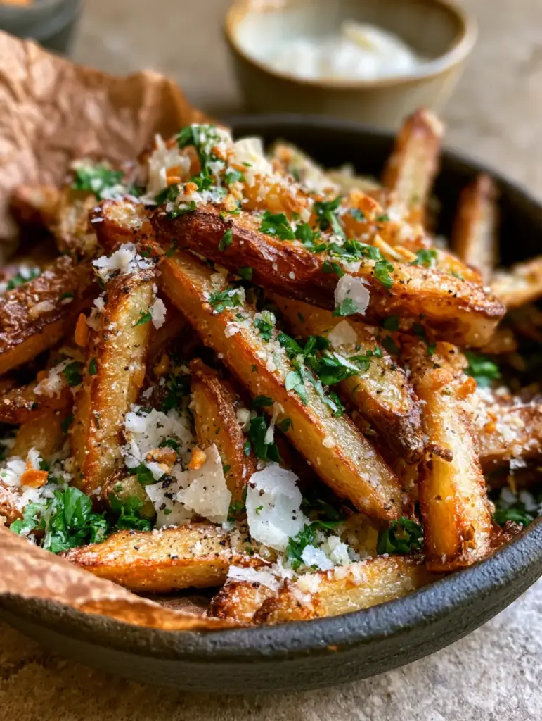 Garlic Parmesan Fries: The Ultimate Ultra-Crispy Air-Fried Recipe 1 A rustic presentation of Garlic Parmesan Fries on crumpled brown parchment paper with a side of creamy garlic aioli dip.