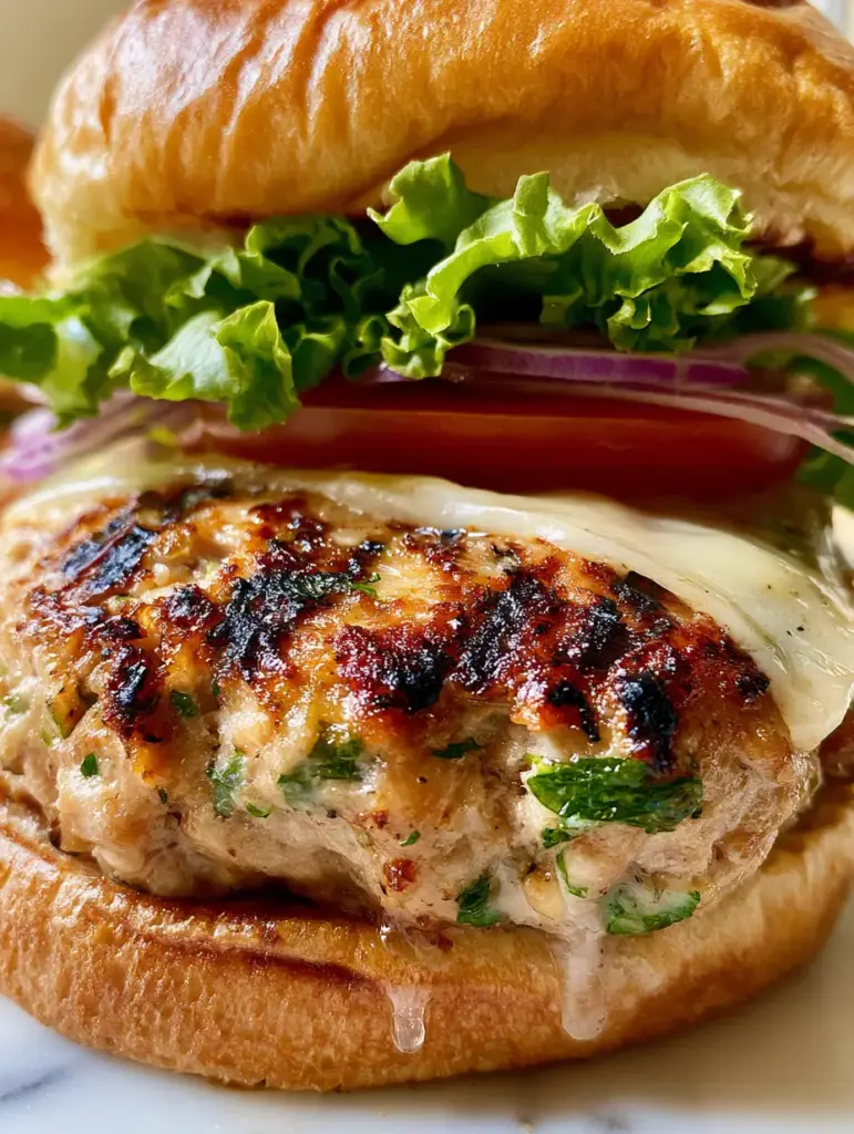 Close up of gourmet ground turkey burgers layered with bibb lettuce and heirloom tomato on white marble.