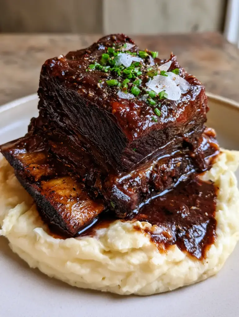 slow cooker beef short ribs with Red Wine Reduction and Velvety Mashed Potatoes 1 High-resolution detail of slow-cooked beef pulling away from the bone, resting on smooth potatoes with sea salt flakes.