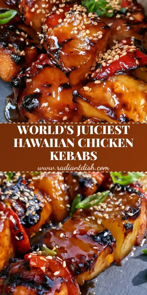 A tall Pinterest pin image showing three Hawaiian Chicken Kebabs with deep grill marks and a glossy amber teriyaki glaze on a dark slate plate.