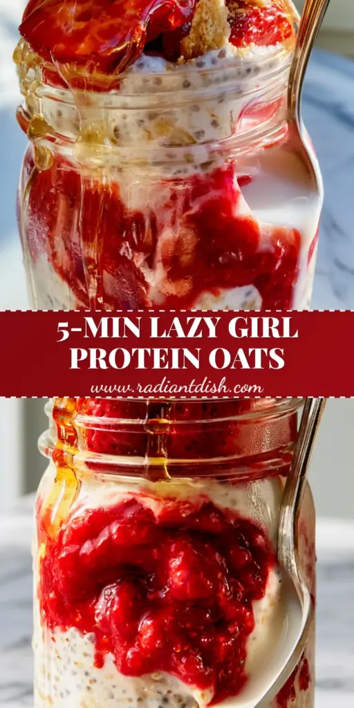 A tall wide-mouth mason jar filled with strawberry cheesecake overnight oats, topped with fresh strawberries and graham cracker crumbs. (overnight oats recipe)